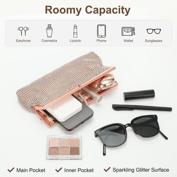 🆕Evening Bag Champagne Crystal Rhinestone Crossbody Handbag Shoulder Wedding - Picture 4 of 7